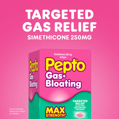 Pepto maximum strength gas relief for adults liquid filled softgels bottle.