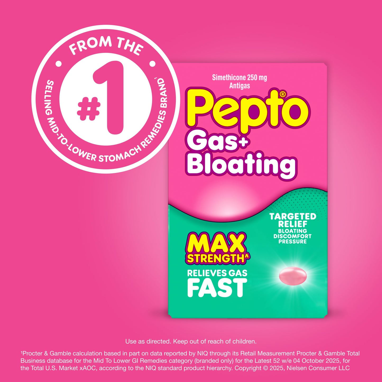 Pepto-Bismol simethicone 250mg fast acting bloating relief 50 count container.