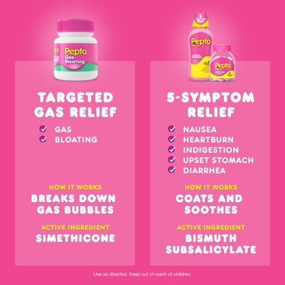 USA imported Pepto Gas and Bloating capsules for stomach pressure relief.