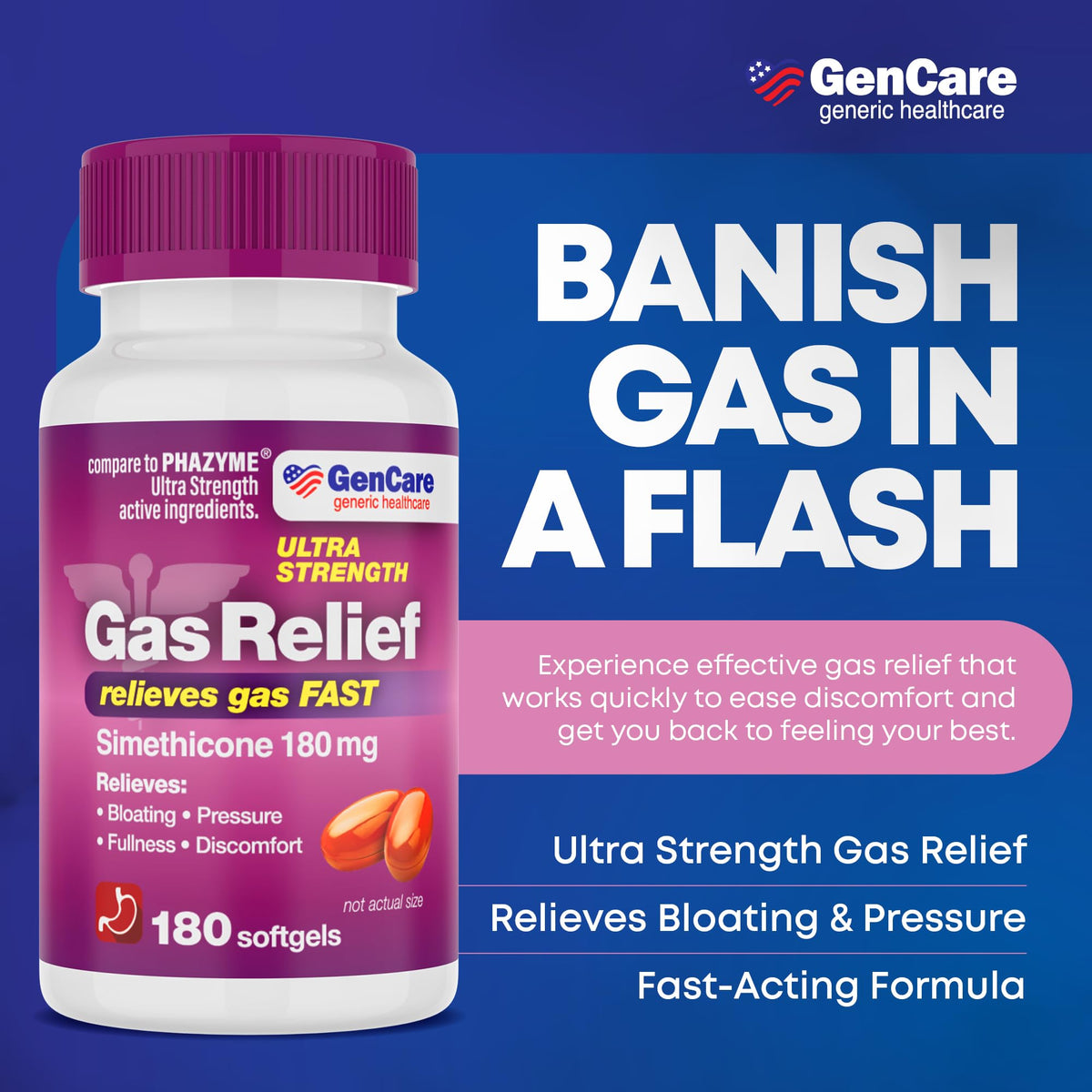 GenCare anti flatulence softgels 180 count packaging highlighting active ingredient simethicone.