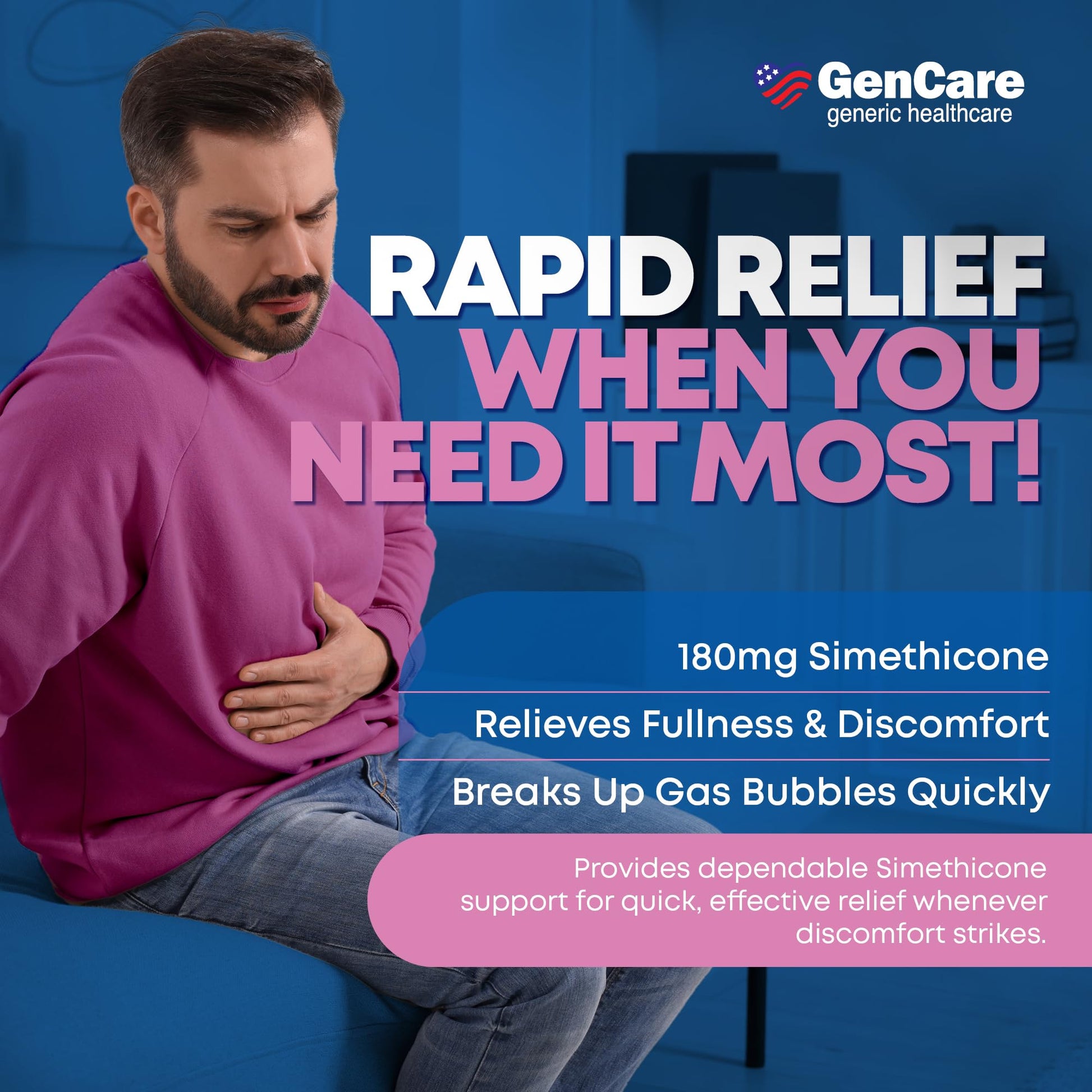 GenCare generic health stomach discomfort and gas pressure reliever pills close up label details.