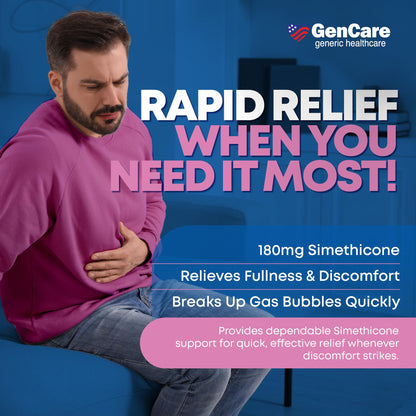 GenCare generic health stomach discomfort and gas pressure reliever pills close up label details.