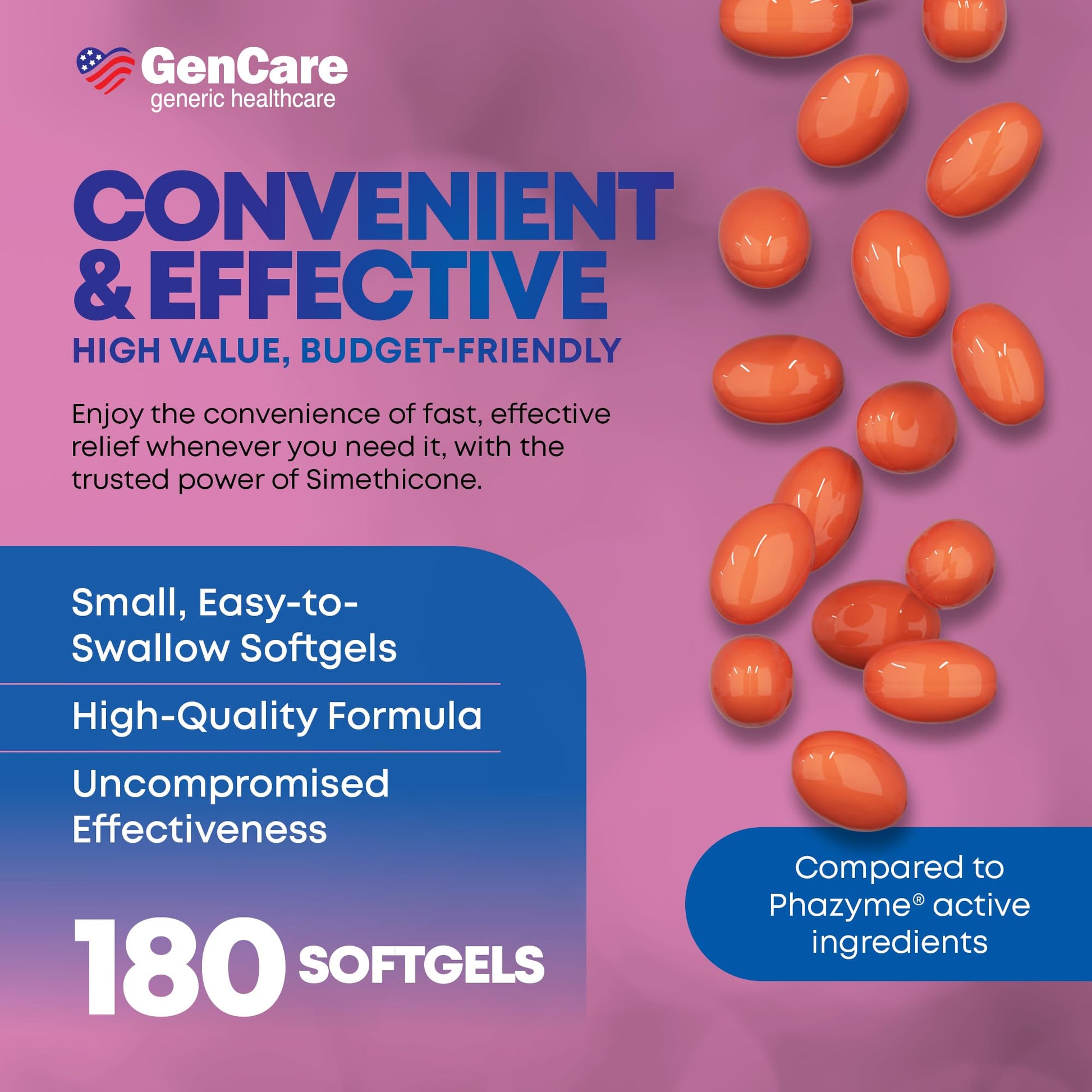 GenCare 180 milligrams fast acting red liquid softgels for adult digestive health support.