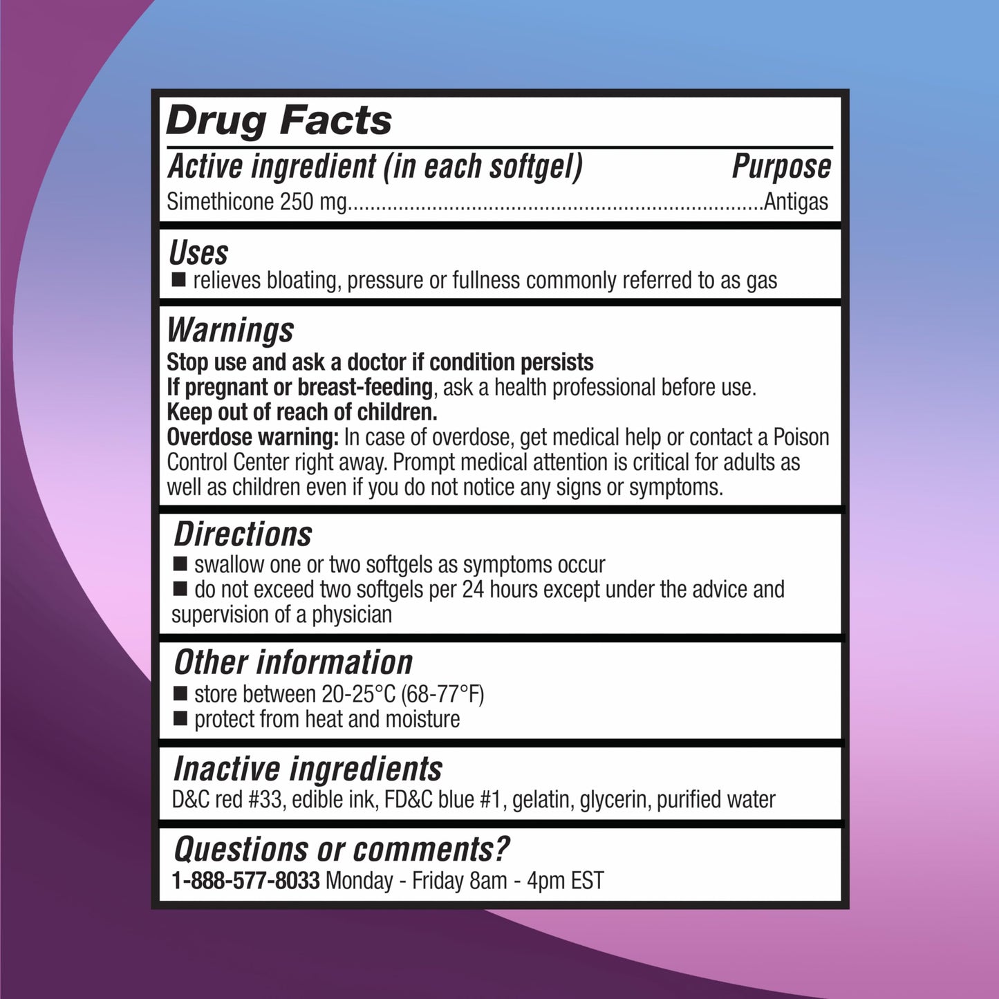Right Remedies simethicone 250 mg liquid filled softgels for bloating relief supplement fact label