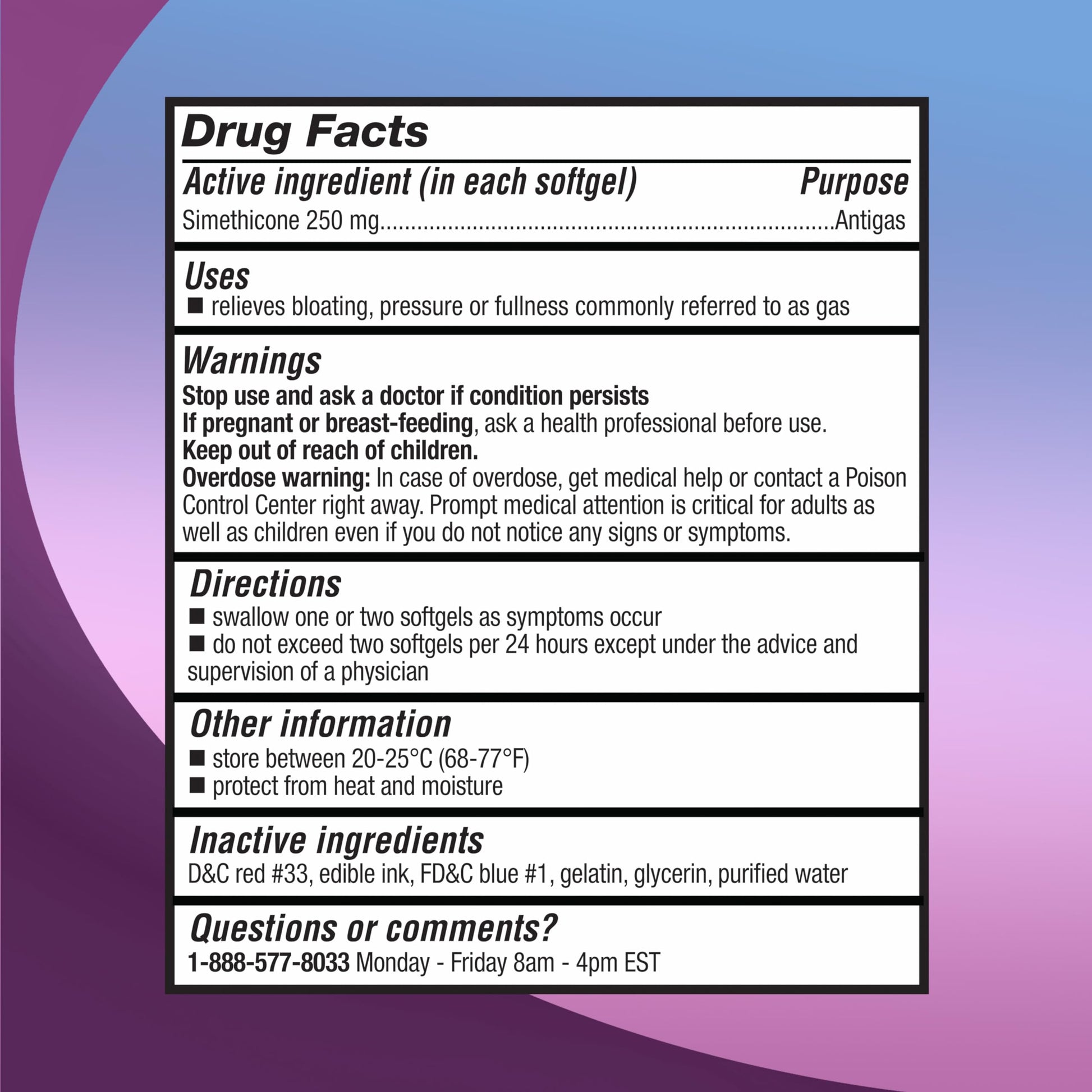 Right Remedies simethicone 250 mg liquid filled softgels for bloating relief supplement fact label