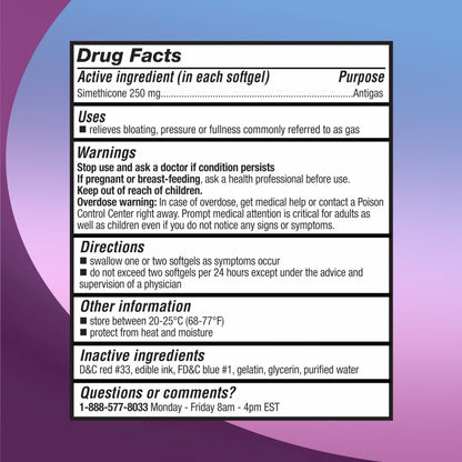 Right Remedies simethicone 250 mg liquid filled softgels for bloating relief supplement fact label