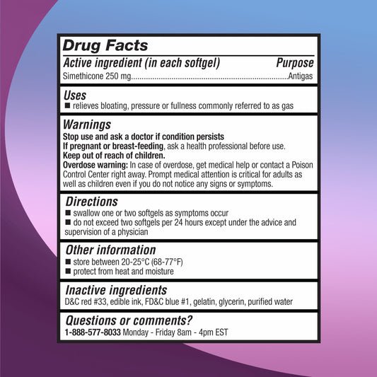 Right Remedies simethicone 250 mg liquid filled softgels for bloating relief supplement fact label