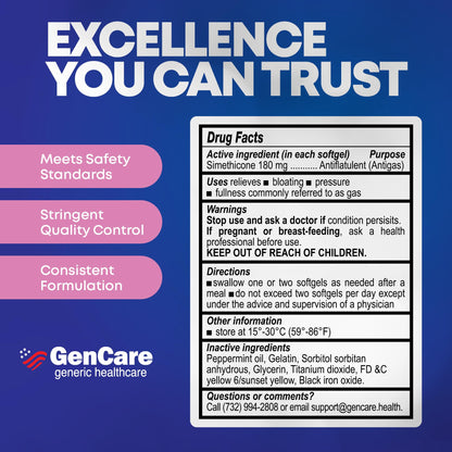 GenCare authentic anti gas pressure softgels showing easy to swallow capsule size comparison.
