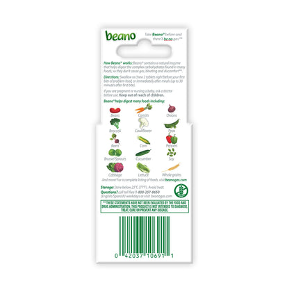 Beano digestive enzyme supplement pocket pack showing travel friendly container