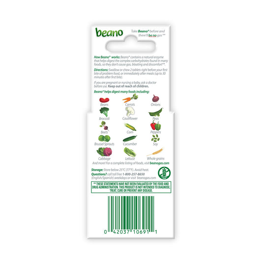Beano digestive enzyme supplement pocket pack showing travel friendly container