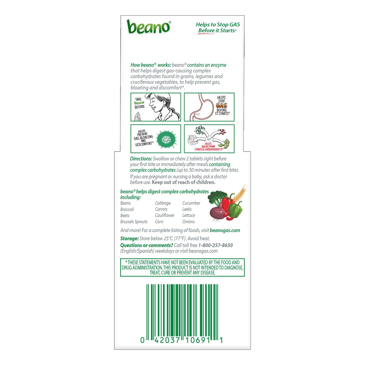 Beano authentic USA imported stomach bloating relief supplement packaging back view