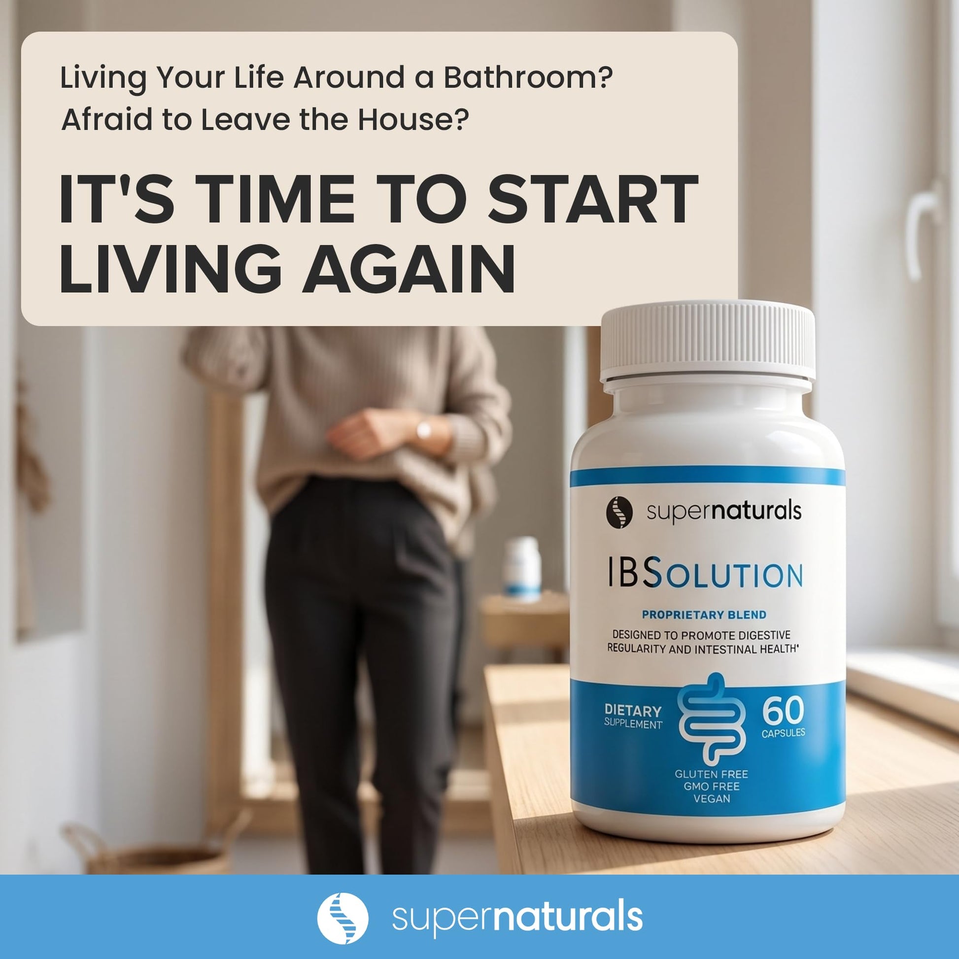 SuperNaturals IBSolution supplement facts panel listing psyllium husk and natural botanical ingredients