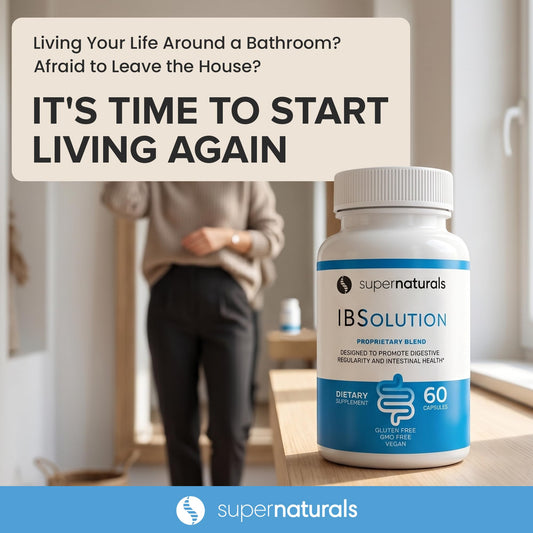 SuperNaturals IBSolution supplement facts panel listing psyllium husk and natural botanical ingredients