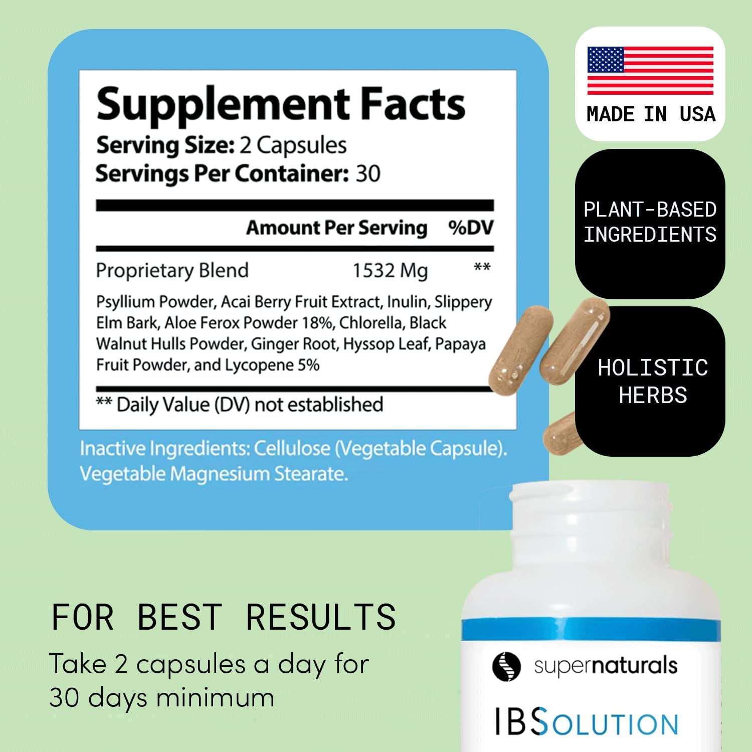 SuperNaturals IBSolution dietary supplement bottle with prebiotics and superfood ingredients displayed