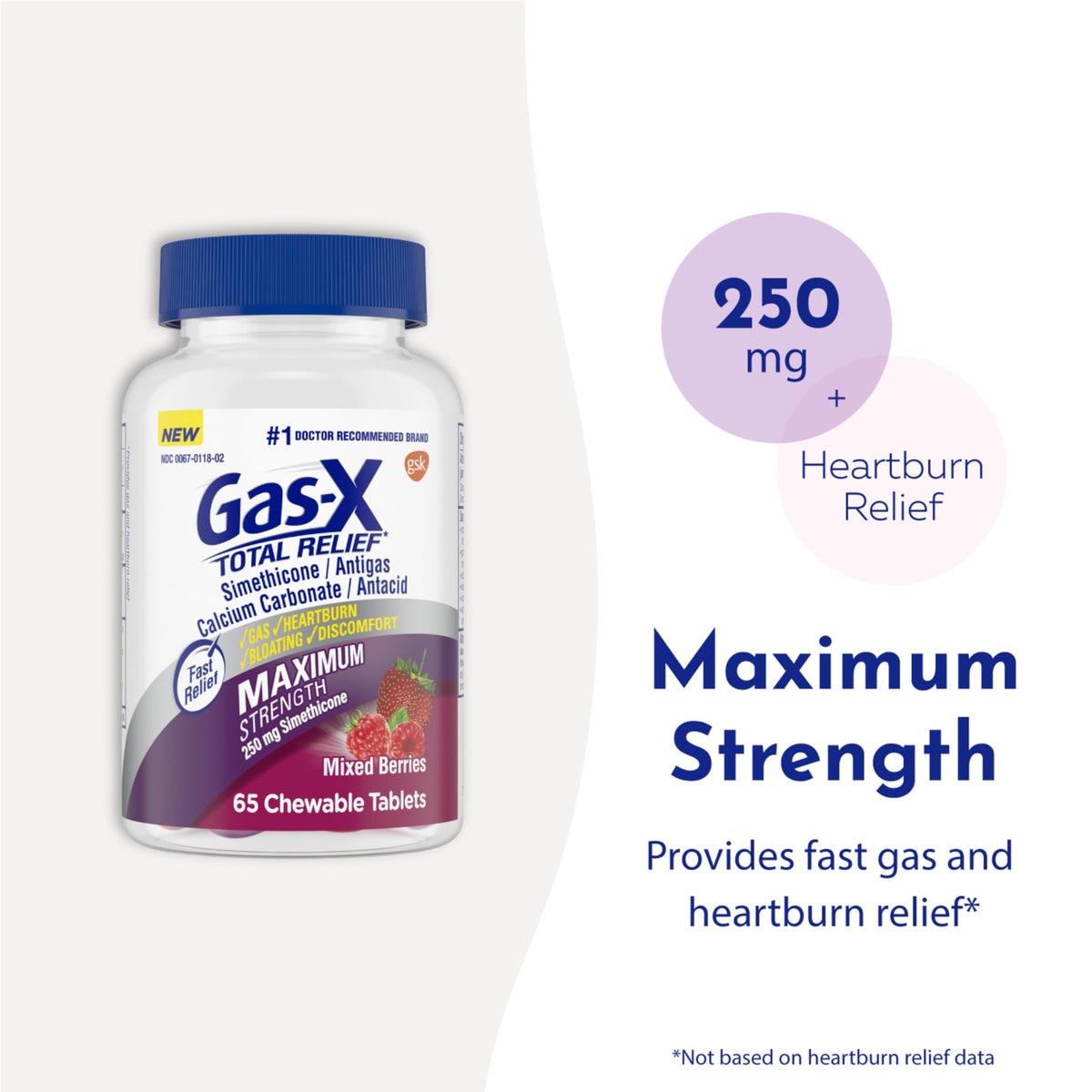Gas-X Total Relief Mixed Berries chewable tablets bottle showing supplement facts