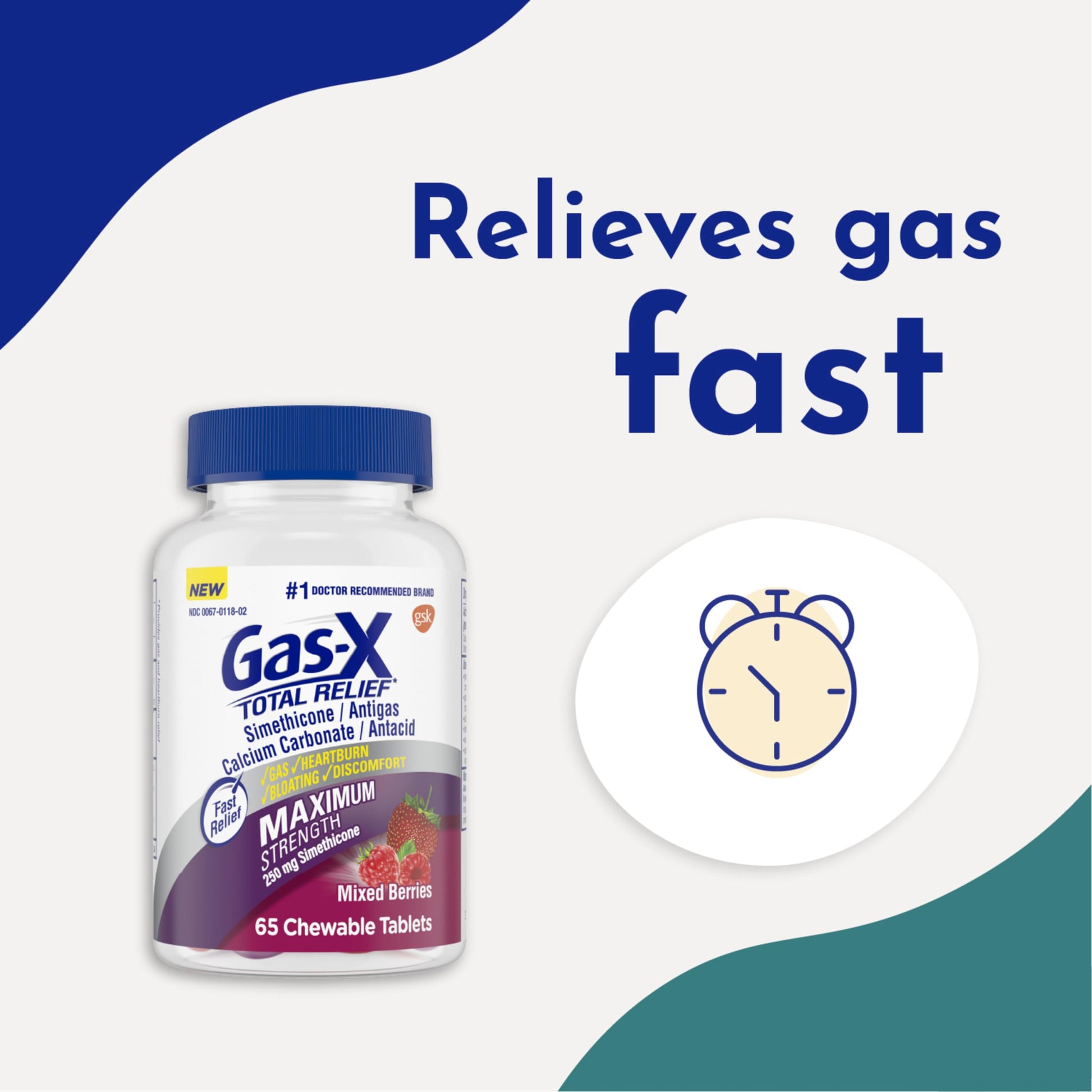 USA imported Gas-X anti gas and antacid chewable tablets close up view