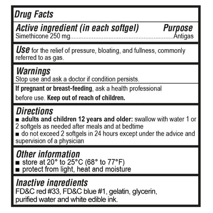 Puregen Labs Simethicone 250 mg 100 softgels supplement facts label