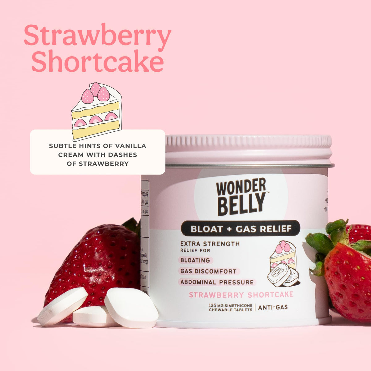 Wonderbelly extra strength chewable tablets in strawberry shortcake flavor for bloating relief.