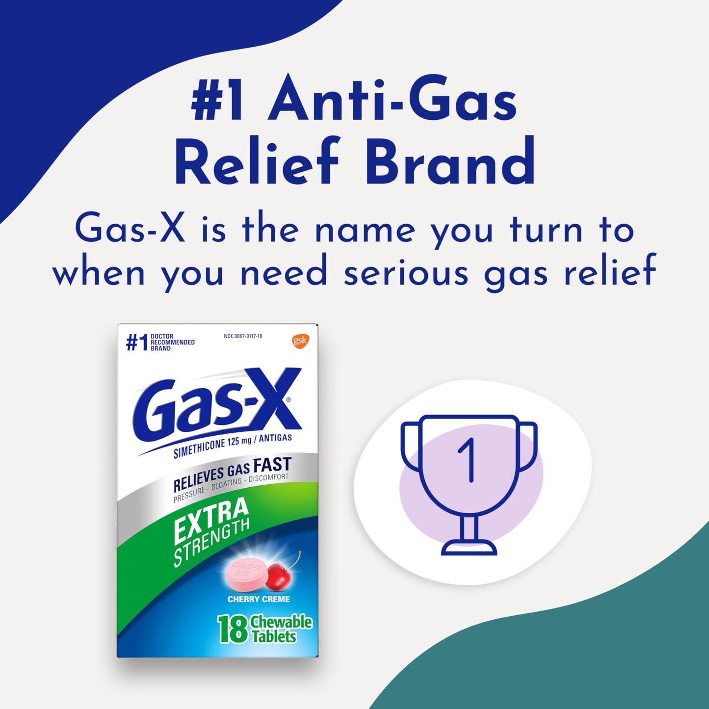 Close up of Gas-X 18 count chewable tablets box demonstrating authentic original safety seal