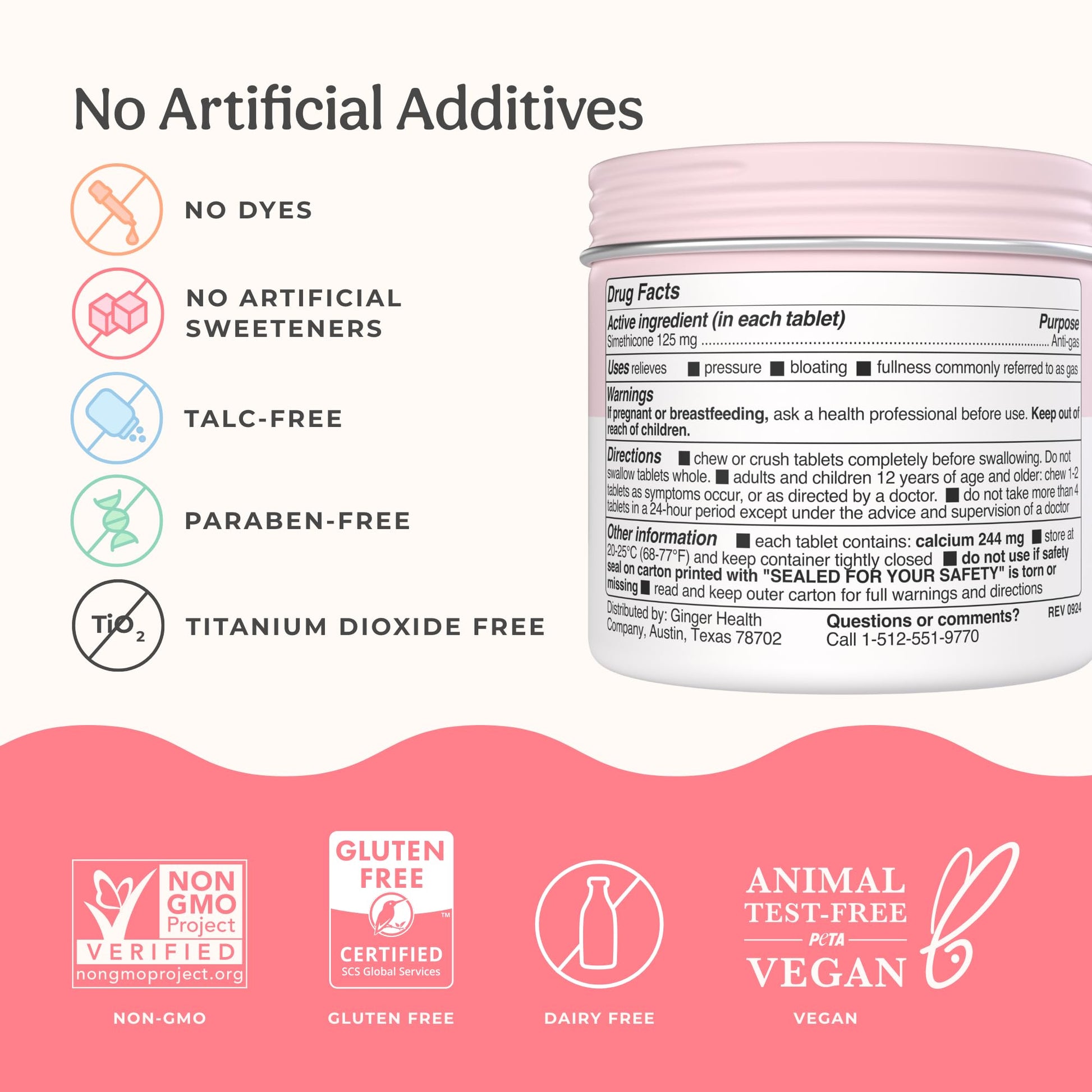 Side view of talc-free and dye-free anti-gas medicine showing clean ingredient details.