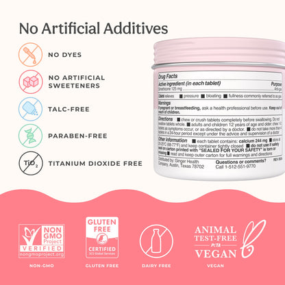 Side view of talc-free and dye-free anti-gas medicine showing clean ingredient details.