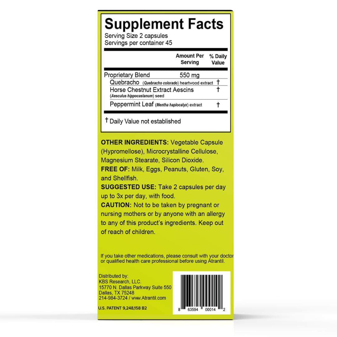 Atrantil natural digestive health supplement bottle showing the supplement facts panel and botanical ingredients.