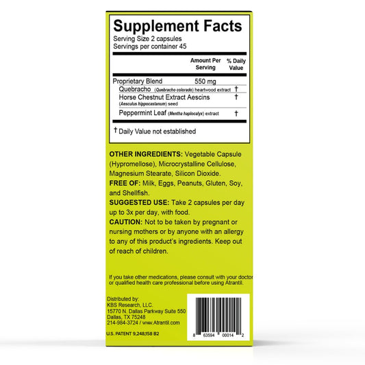 Atrantil natural digestive health supplement bottle showing the supplement facts panel and botanical ingredients.