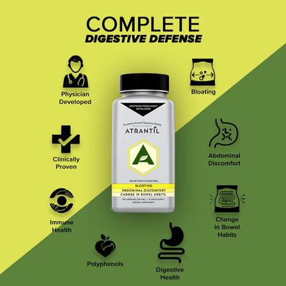 Close up view of Atrantil vegan capsules displaying the premium clear polyphenol formula.