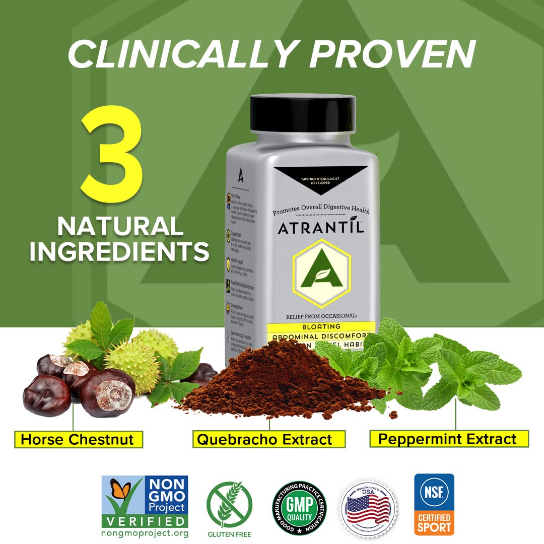 Atrantil gastroenterologist developed supplement bottle highlighting gluten free and vegan friendly certifications.