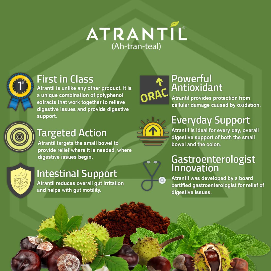 Atrantil 90 count dietary supplement packaging showcasing its prebiotic and postbiotic gut benefits.