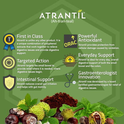 Atrantil 90 count dietary supplement packaging showcasing its prebiotic and postbiotic gut benefits.