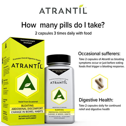 Side view of Atrantil bottle highlighting the unique combination of three natural botanical polyphenols.