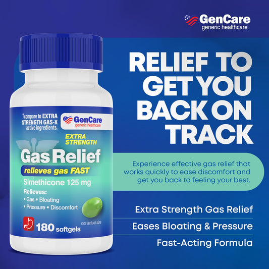 GenCare Simethicone 125mg anti gas pills for stomach pressure relief.
