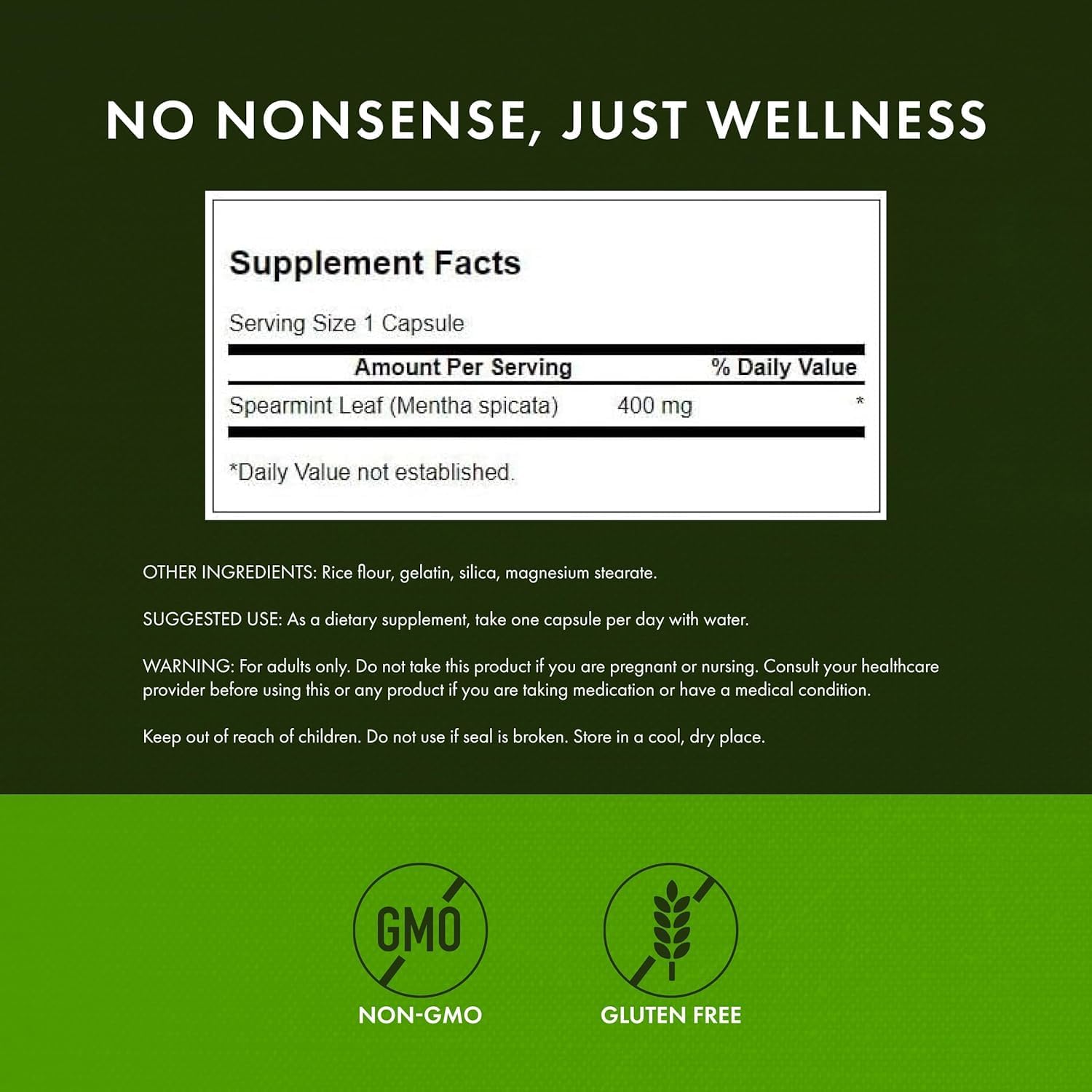 Swanson Spearmint Leaf supplement bottle back panel displaying the full nutritional facts and ingredient breakdown.