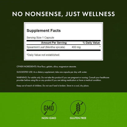 Swanson Spearmint Leaf supplement bottle back panel displaying the full nutritional facts and ingredient breakdown.