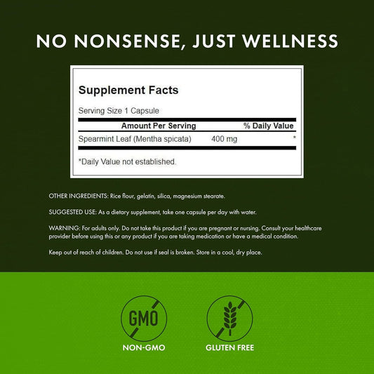 Swanson Spearmint Leaf supplement bottle back panel displaying the full nutritional facts and ingredient breakdown.