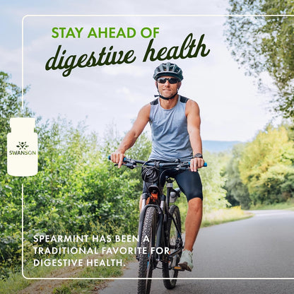 Side angle view of Swanson Full Spectrum Mentha Spicata digestive supplement for daily gut comfort.