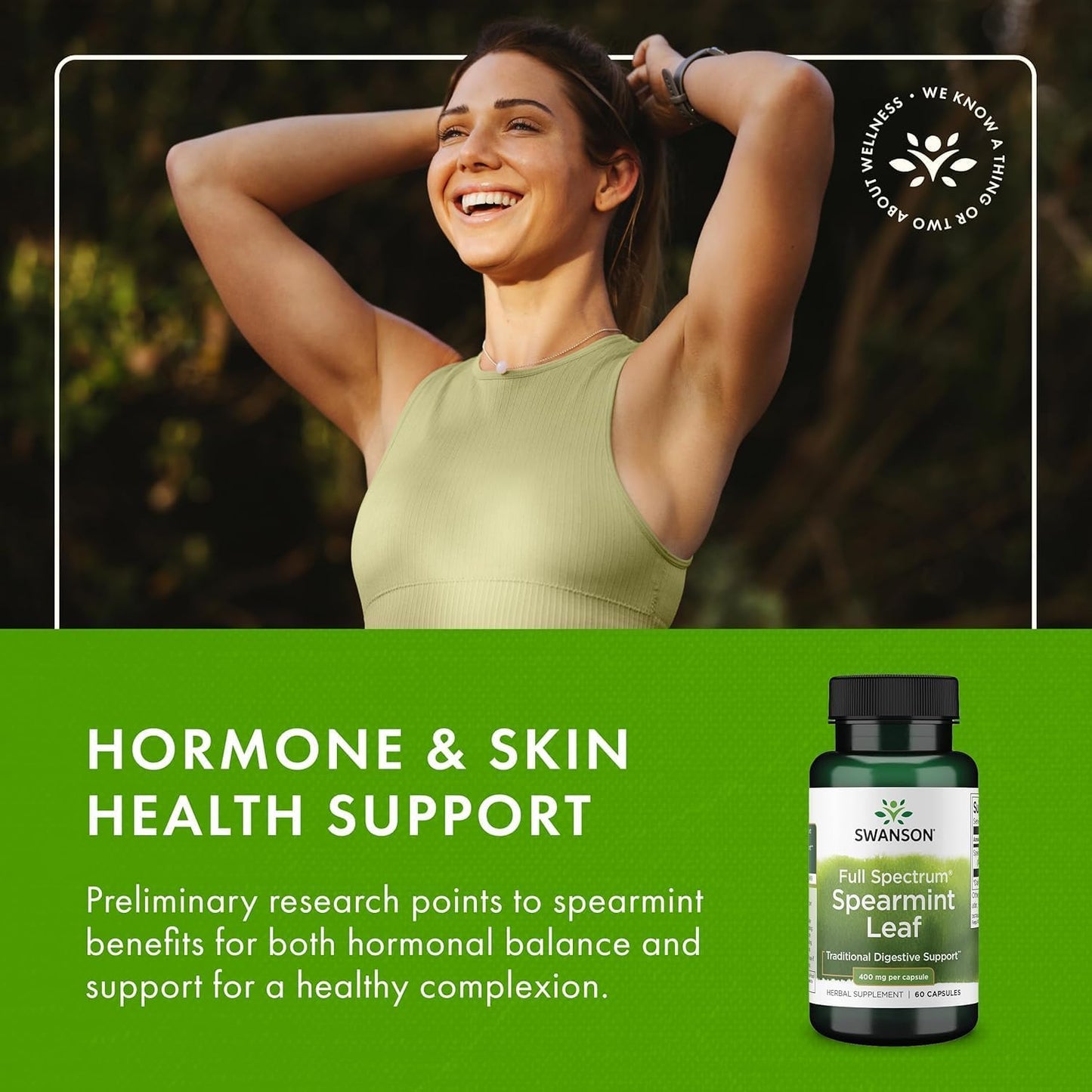 Swanson Spearmint Leaf capsules bottle standing upright against a clean background for health product clarity.