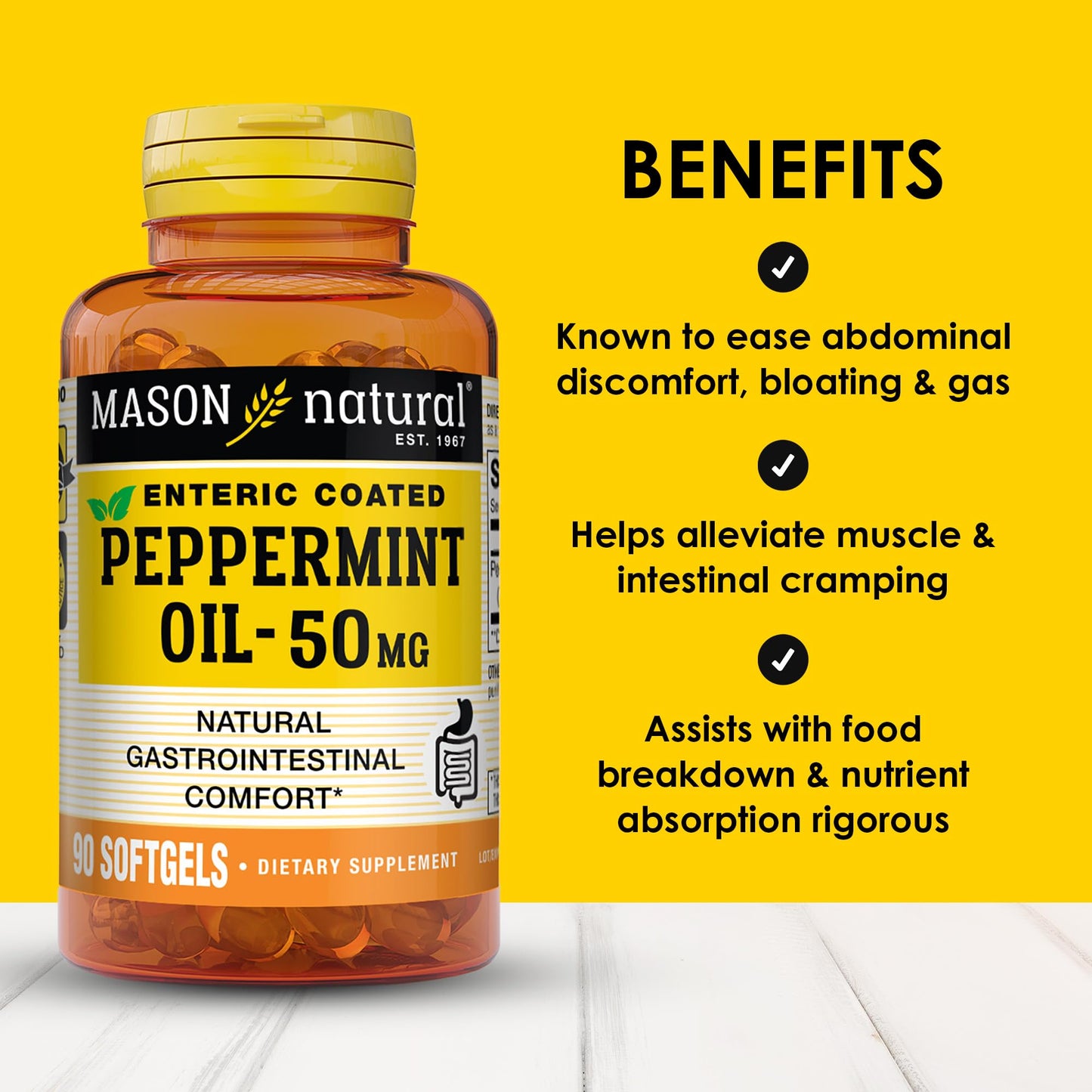 Mason Natural enteric coated peppermint oil capsules for stomach gas relief.