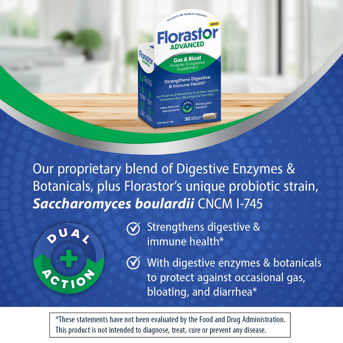 Florastor dual action digestive supplement bottle showing supplement facts and enzyme blend ingredients