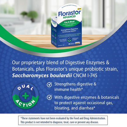 Florastor dual action digestive supplement bottle showing supplement facts and enzyme blend ingredients