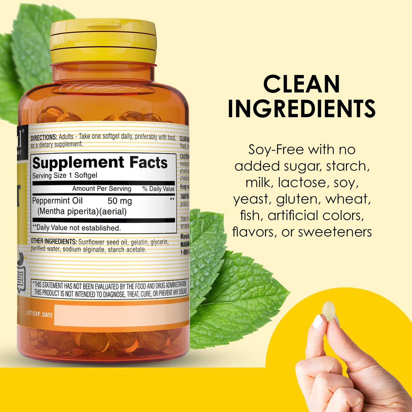 USA imported Mason Natural peppermint oil softgel pills for abdominal bloating comfort.