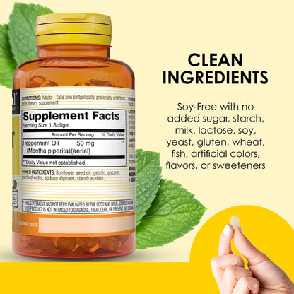 USA imported Mason Natural peppermint oil softgel pills for abdominal bloating comfort.