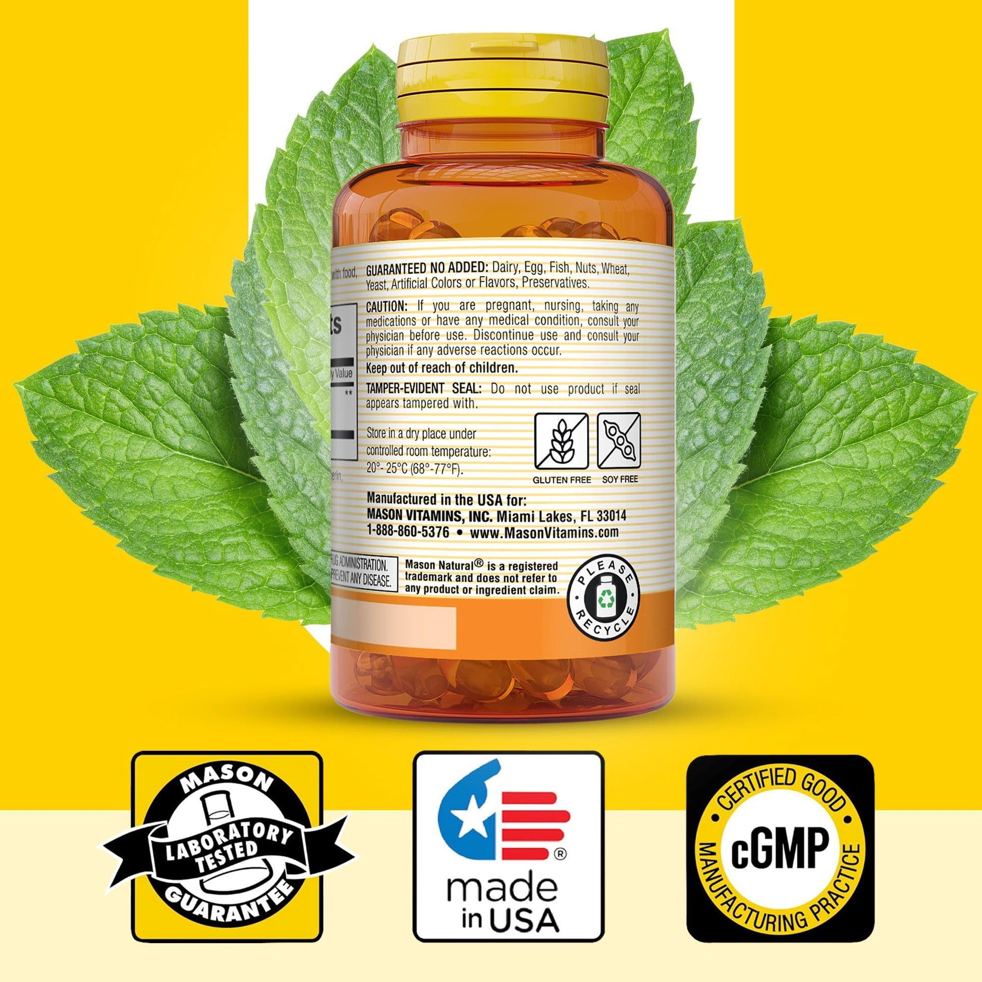 Side view of Mason Natural 50 mg peppermint oil packaging highlighting enteric coating.