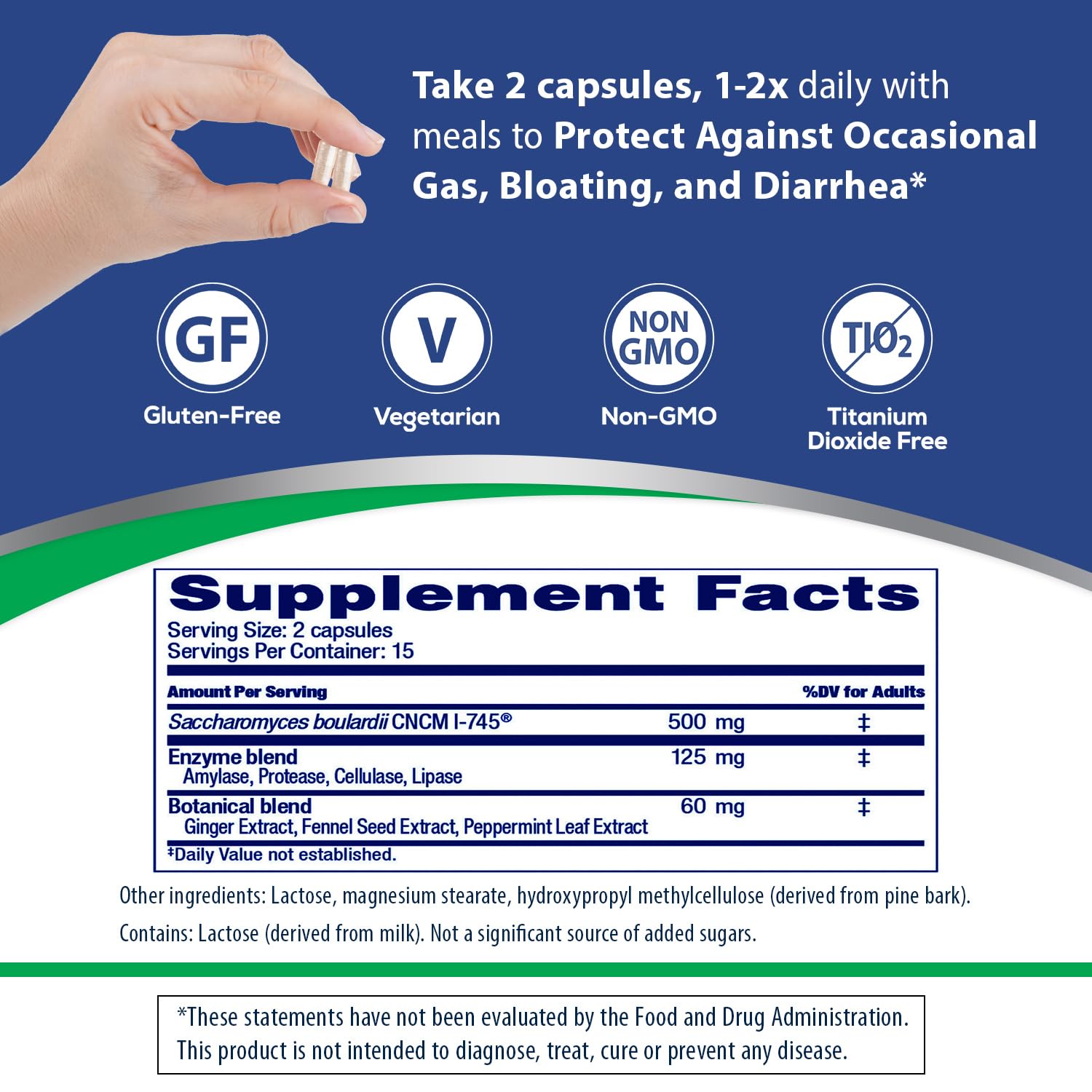 Side panel of Florastor Advanced Gas and Bloat container showing clean manufacturing and dietary notes