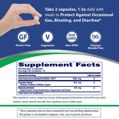 Side panel of Florastor Advanced Gas and Bloat container showing clean manufacturing and dietary notes