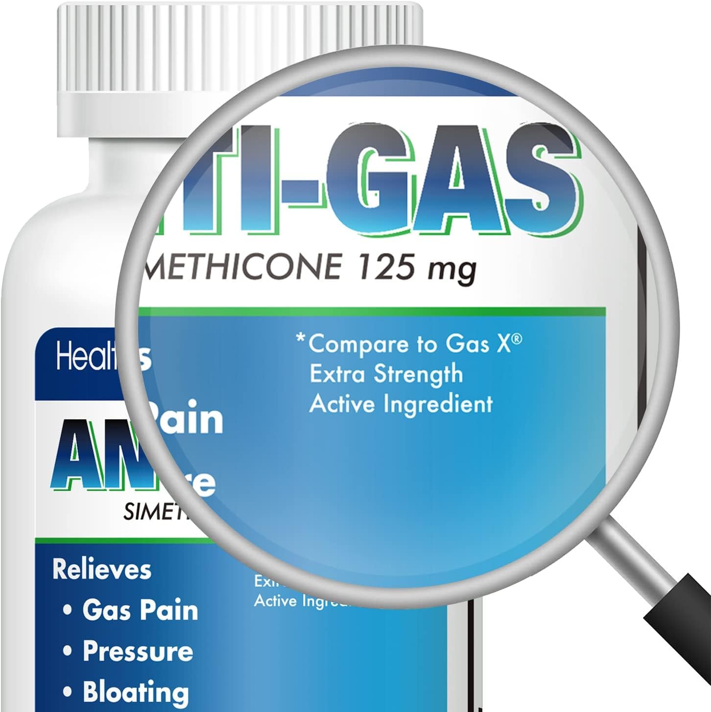 HealthA2Z anti flatulence simethicone softgels packaging showcasing product benefits and extra strength dosage.