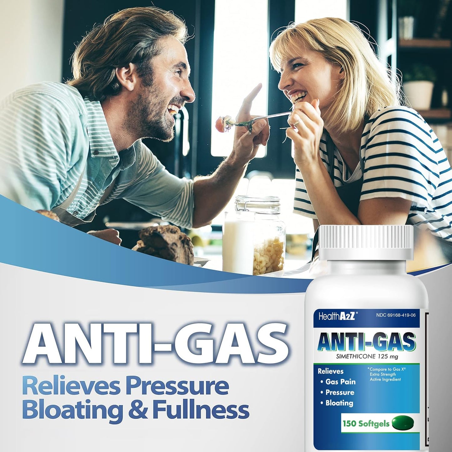 Authentic USA imported HealthA2Z gas relief supplement showing clear usage instructions and safety warnings.