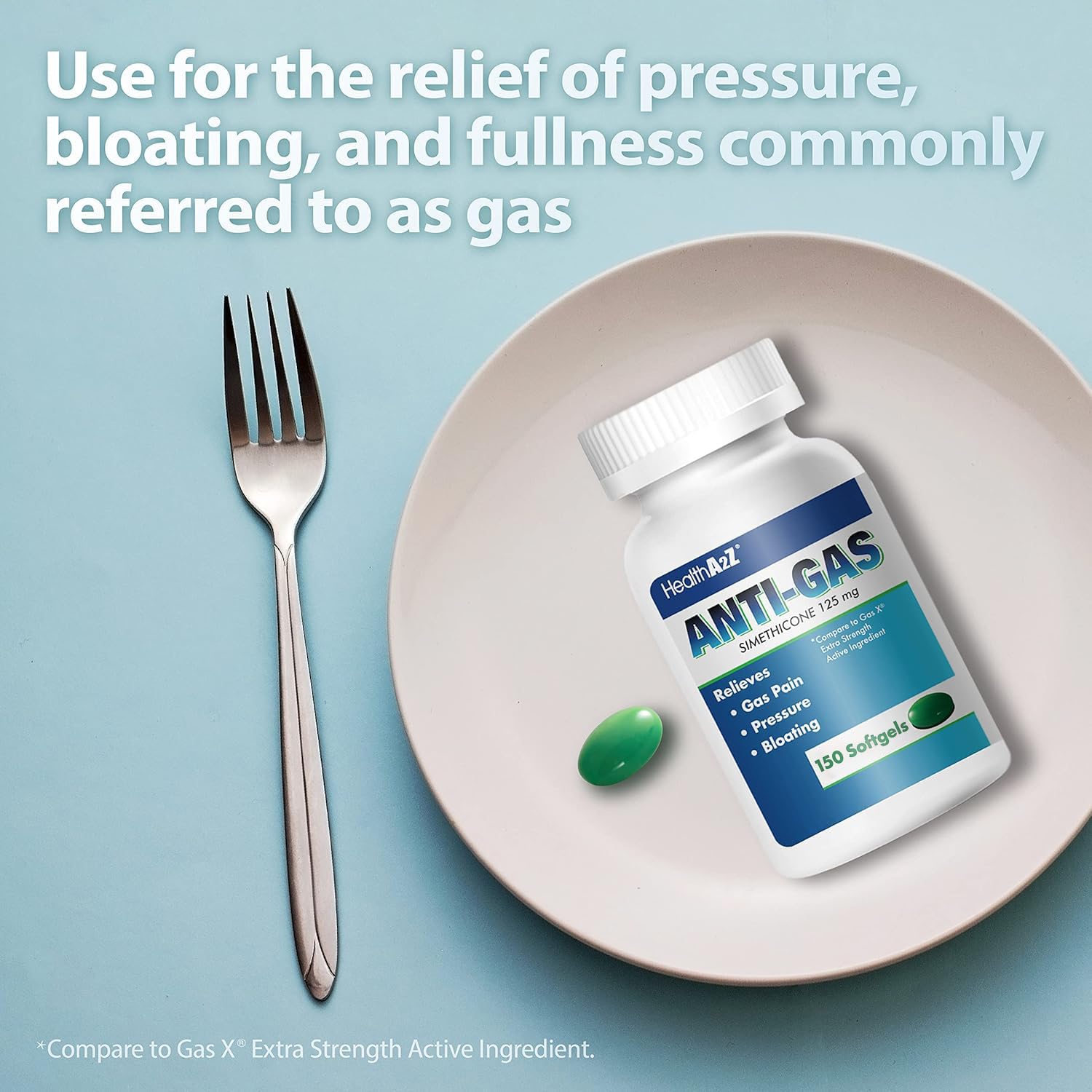 Close up of the easy to swallow 125mg simethicone softgels from the HealthA2Z brand.