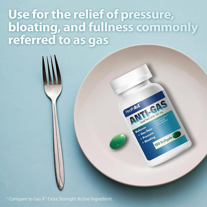 Close up of the easy to swallow 125mg simethicone softgels from the HealthA2Z brand.